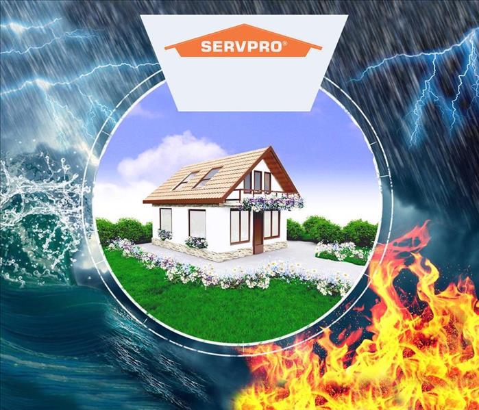 house surrounded by fire, water and storm 